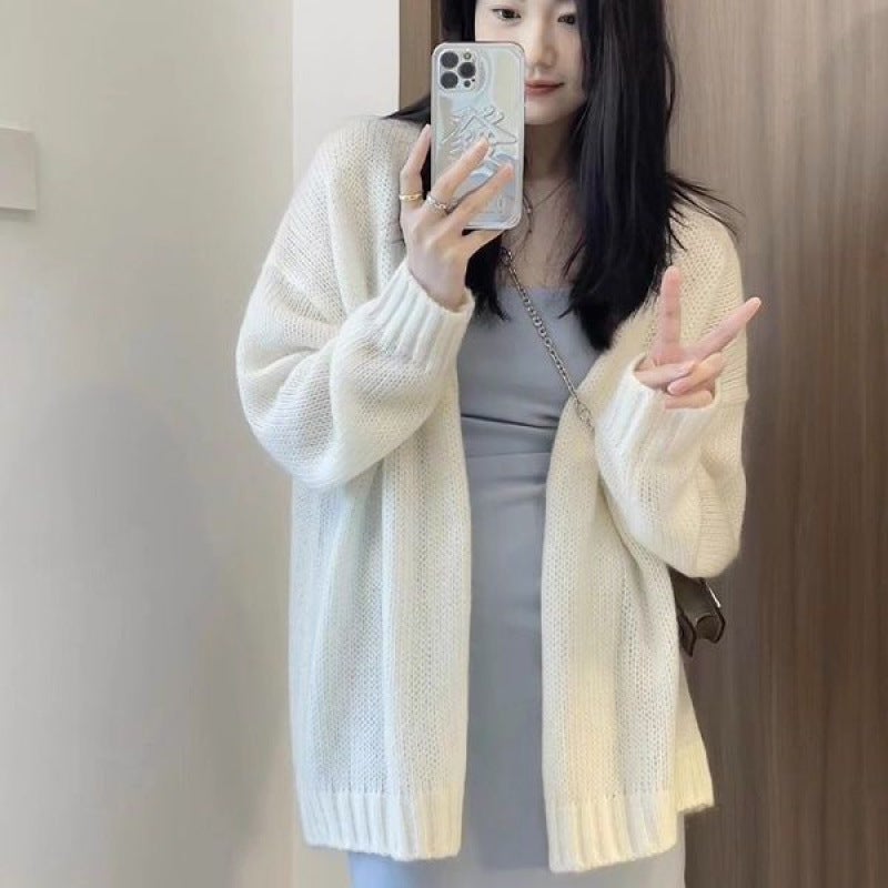 French Style White Knitted Cardigan Jacket Womens Spring Autumn Petite Korean Version Sweater Top Soft Supple Loose-Fit White【】 