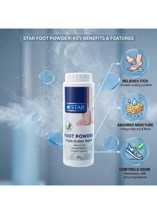 ستار STAR بودرة القدم 100 جم، بودرة ثلاثية المفعول للعناية بالقدمين، تخفيف الحكة وامتصاص الرطوبة والتحكم في رائحة القدم - Image 4