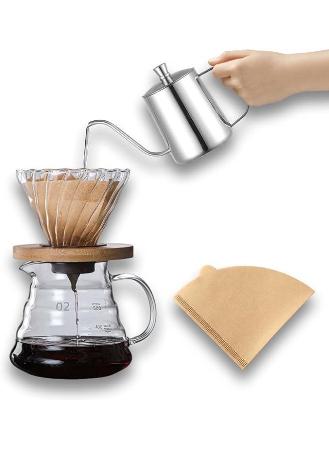 Coffee Brewing Kit, Professional Silver Set, includes a 20oz dripper, gooseneck kettle, V60 with bamboo stand, and 60 filters for brewing 2–4 cups. - Image 1