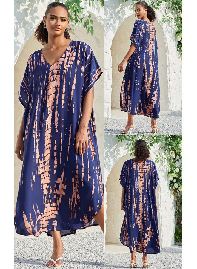 European And American Rayon Tie-dyed Beach Jumpsuit Long Dress Loose Robe Bikini Swimsuit Outer Blouse Sun Protection Shirt-Color:ZS1657-6 Zhang Qing- - Image 1