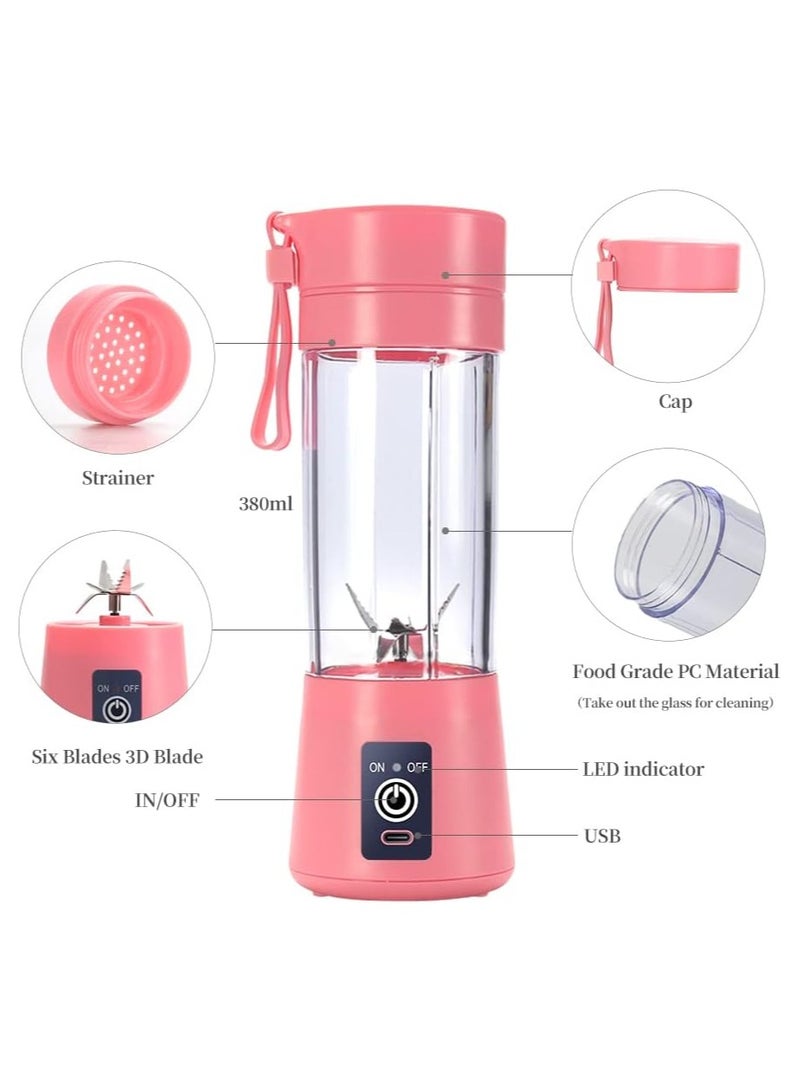 مخطوطات كوب خلاط محمول عالي الجودة مزود بستة شفرات، خلاط عصارة كهربائي بمنفذ USB، خلاط صغير محمول للمشروبات المخفوقة والعصائر، 380 مل، رائع للخلط - وردي - Image 2