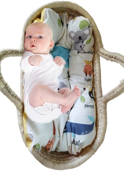 Strudy wicker babynest with cotton fabric mattress and microfiber filling for infants and toddlers with toll net to prevent insects and two arches to hang baby toys on them