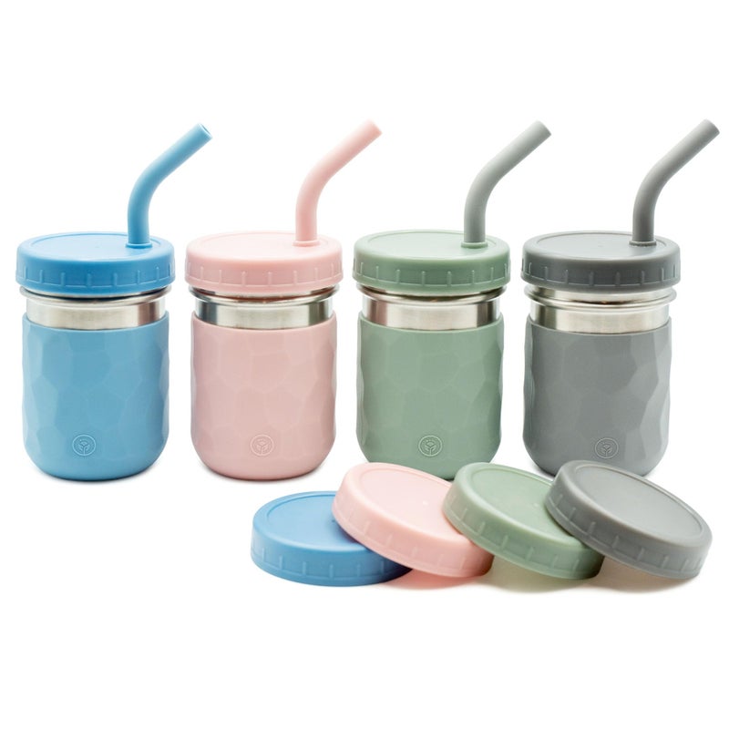 WeeSprout 2-in-1 Drinking Cups for Kids, Durable Stainless Steel Tumbler for Smoothies, Silicone Straws with Stoppers, Premium Plastic Twist Lids, Easy-Grip Sleeves, Set of 4 Dishwasher Safe Kid Cups - Image 1