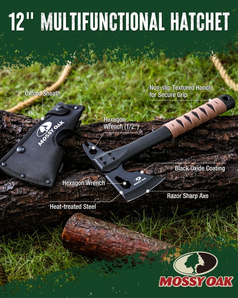MOSSY OAK 12" Camping Axe and Survival Hatchet with Sheath, Compact Outdoor Multitool Hatchet with Hex Wrench Slots, Non-Slip Dual-Color Handle, Small Camping Gear for Hiking, Chopping, Hunting - Image 3