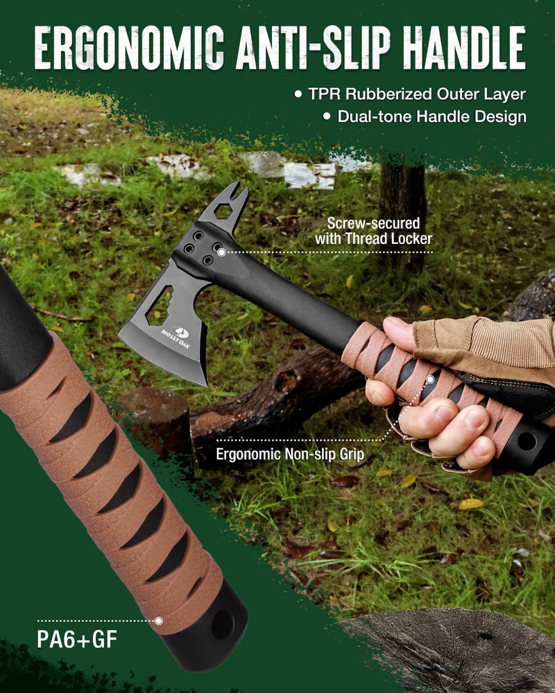 MOSSY OAK 12" Camping Axe and Survival Hatchet with Sheath, Compact Outdoor Multitool Hatchet with Hex Wrench Slots, Non-Slip Dual-Color Handle, Small Camping Gear for Hiking, Chopping, Hunting - Image 5