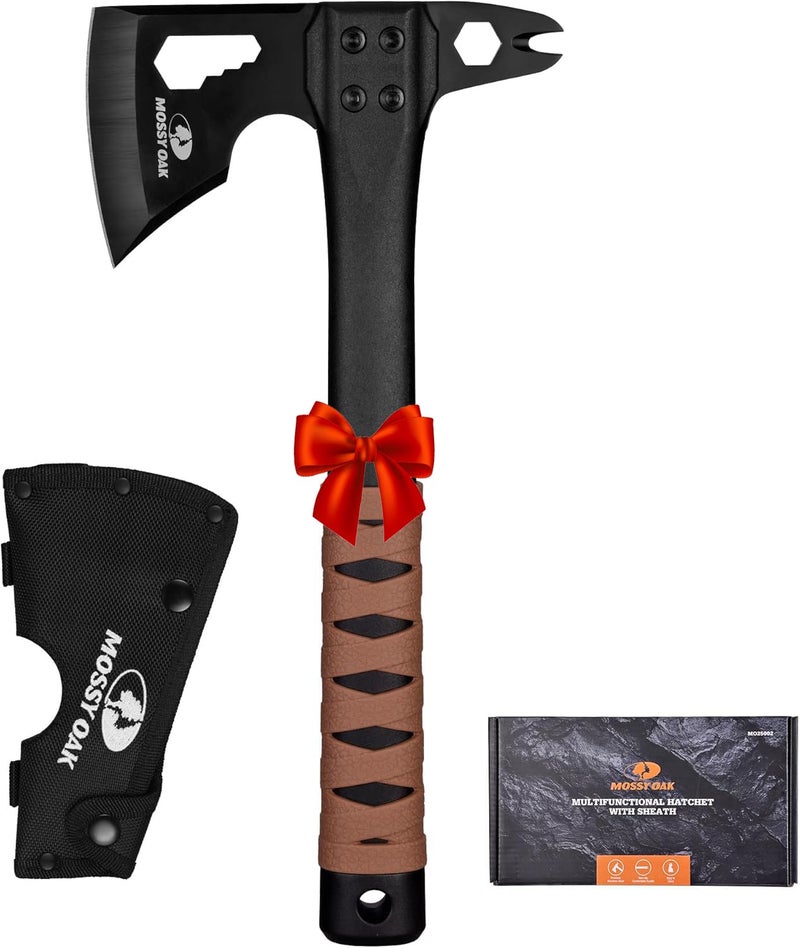 MOSSY OAK 12" Camping Axe and Survival Hatchet with Sheath, Compact Outdoor Multitool Hatchet with Hex Wrench Slots, Non-Slip Dual-Color Handle, Small Camping Gear for Hiking, Chopping, Hunting - Image 1