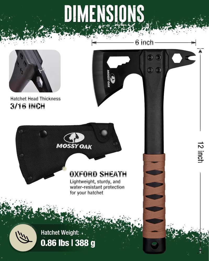 MOSSY OAK 12" Camping Axe and Survival Hatchet with Sheath, Compact Outdoor Multitool Hatchet with Hex Wrench Slots, Non-Slip Dual-Color Handle, Small Camping Gear for Hiking, Chopping, Hunting - Image 2