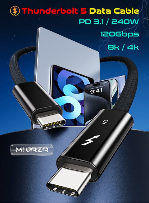 Thunderbolt 5 Data Cable - Type-C Supports PD 3.1 240W Fast Charging - Support 8K/5K/4K - Bandwidth Support 120Gbps/80Gbps - Compatible with Thunderbolt 4/3/USB4.0/3.2/3.1/3.0 - Suitable for Laptops, Monitors, Tablets, Mobile Phones, External Graphics Cards