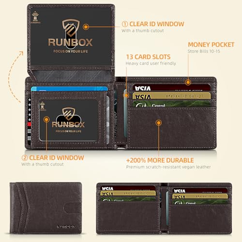RUNBOX محفظة RUNBOX للرجال والنساء رفيعة RFID جلدية مع نافذتين للهوية وعلبة هدايا - Image 3