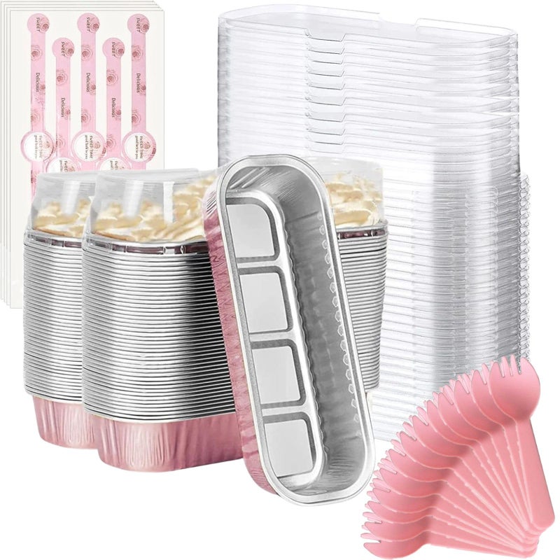 Findful Mini Loaf Baking Pans with Lids And Spoons (100 Pack, 6.8oz) Rectangle Aluminum Foil Baking Pans Tins Containers - Cupcake Containers Wrappers Cheesecake Creme Brulee Ramekins - Image 1