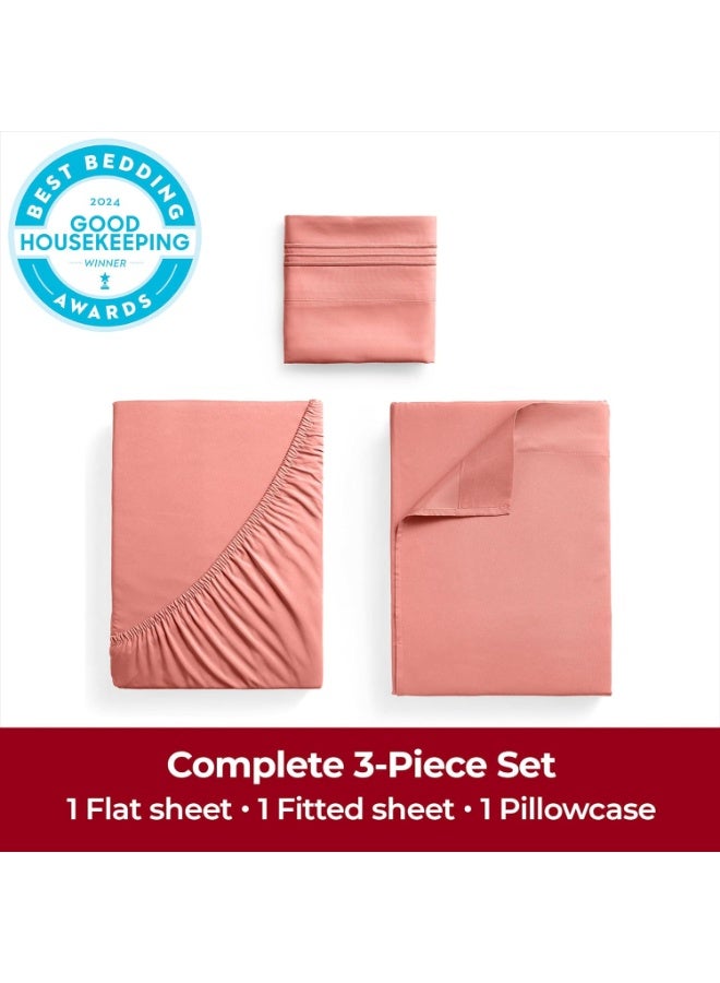 Mellanni Twin Sheets Set - 3 PC Iconic Collection Bedding - Hotel Luxury, Extra Soft, Cooling Bed Sheets - Wrinkle, Fade, Stain Resistant (Twin, Coral) - Image 4