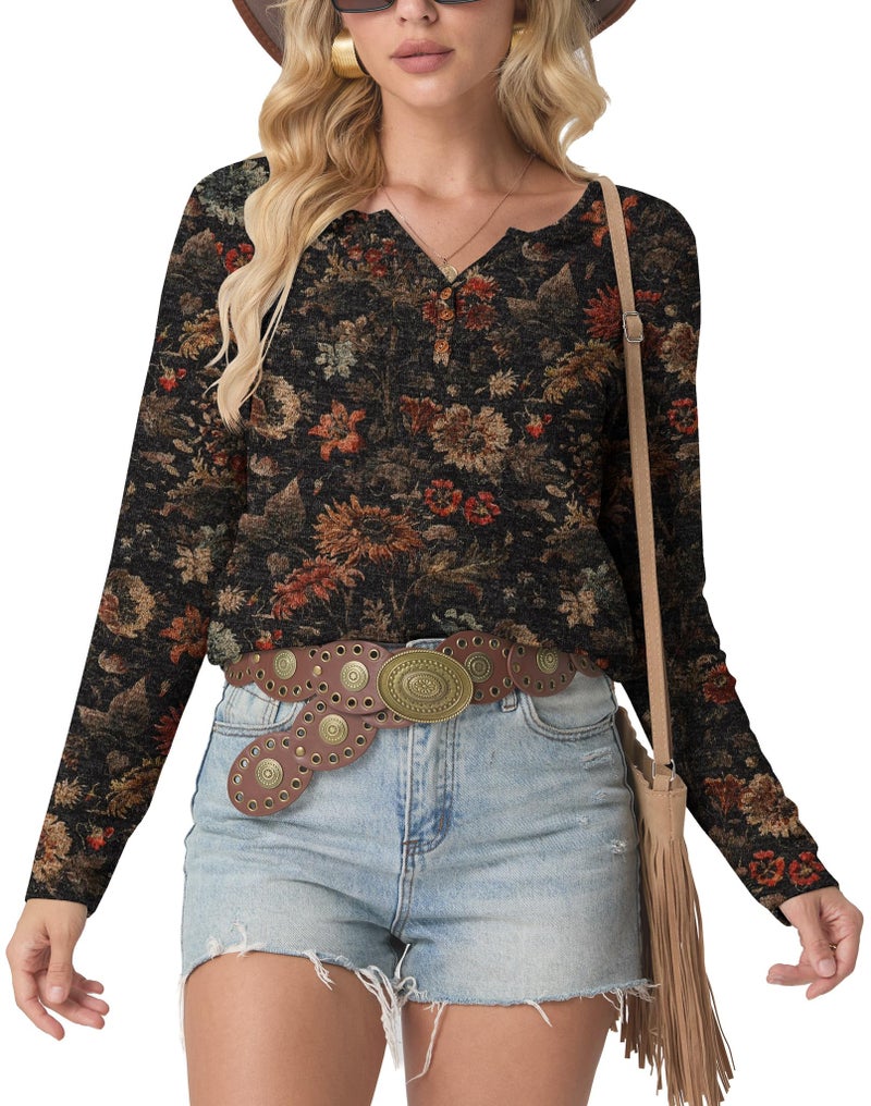 IWOLLENCE Women's Vintage Floral Landscape Graphic Long Sleeve Shirts Button V Neck Western Fall Boho Chic Blouse Tops Seniors Casual Party Tunic Brown Flower, M - Image 2