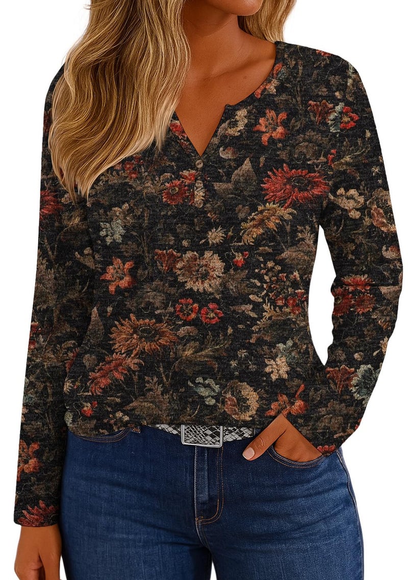 IWOLLENCE Women's Vintage Floral Landscape Graphic Long Sleeve Shirts Button V Neck Western Fall Boho Chic Blouse Tops Seniors Casual Party Tunic Brown Flower, M - Image 1