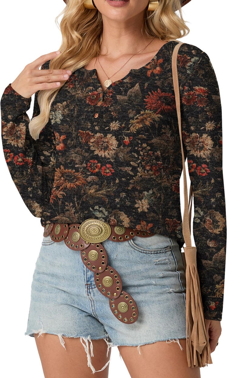 IWOLLENCE Women's Vintage Floral Landscape Graphic Long Sleeve Shirts Button V Neck Western Fall Boho Chic Blouse Tops Seniors Casual Party Tunic Brown Flower, M - Image 3