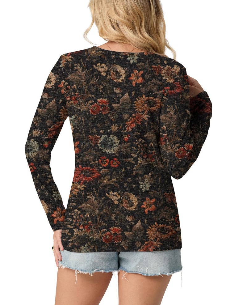 IWOLLENCE Women's Vintage Floral Landscape Graphic Long Sleeve Shirts Button V Neck Western Fall Boho Chic Blouse Tops Seniors Casual Party Tunic Brown Flower, M - Image 4