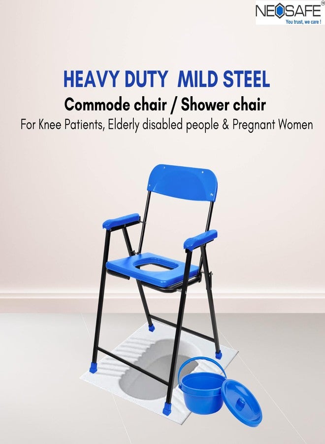 NEOSAFE Premium Folding Mild Steel Shower Bathing Room Commode Stool Indian Toilet Seat Ideal for Elderly Disabled Men and Pregant Women Support (Blue) - Image 2
