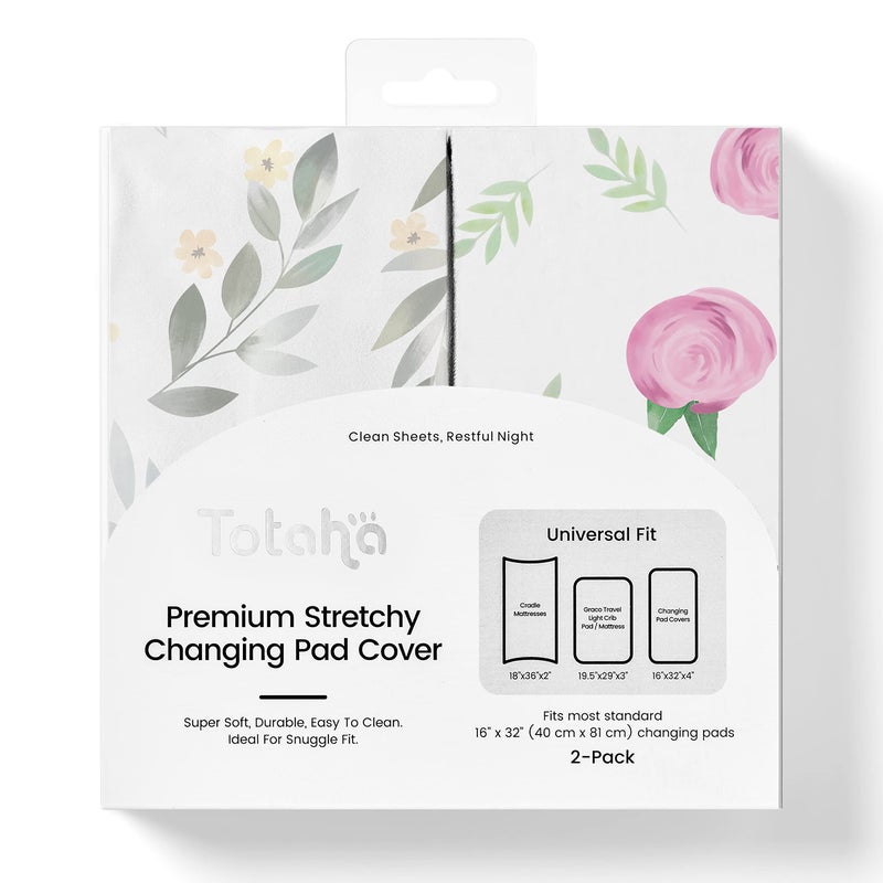 TotAha Premium Stretchy Changing Pad Covers (2-Pack)-Hypoallergenic, Silky Comfort, Buttery Soft, Calming Effect, All-Season Jersey-Knit 32'' X 16'' X 5'' Deep Pocket (Pink Buds & Green Leaves) - Image 1