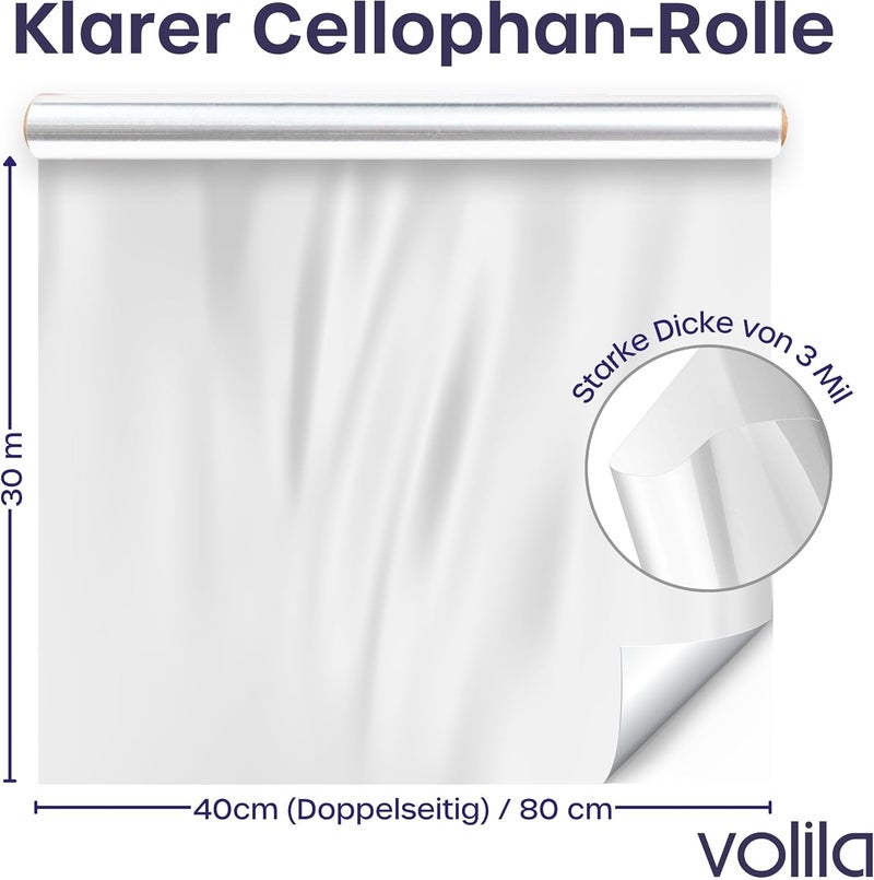 volila Clear Cellophane Wrap Roll (31.5 in x 100 ft) - Folded Cellophane Wrap for Gift Baskets Treats, Flower Wrapping - Image 2