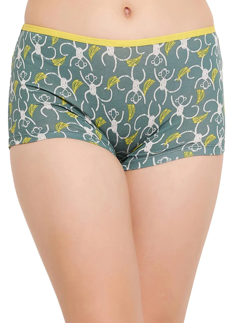 كلوفيا Clovia Mid Waist Monkey Print Boyshorts in Dark Green - Cotton