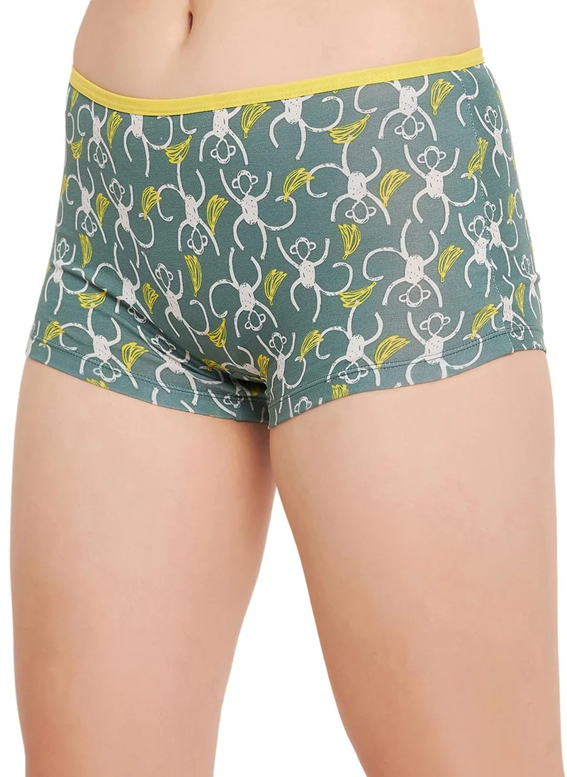 كلوفيا Clovia Mid Waist Monkey Print Boyshorts in Dark Green - Cotton