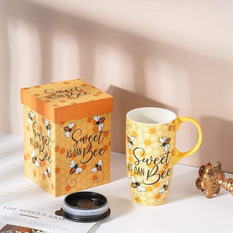 DUSVALLY Ceramic Mug Travel Coffee Mug Porcelain Coffee Cup with Spillproof Lid and Color Box17 OzBeeGifts for Mom - Image 2