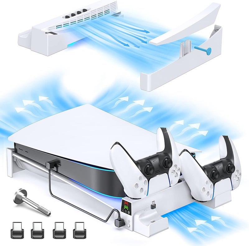 New World for PS5 Horizontal Stand with 3-Level Cooling Fan and PS5 Controller Charger for PS5 Console, PS5 Cooling Station with PS5 Charging Station, Stand Horizontal for PS5 Accessories - Image 1