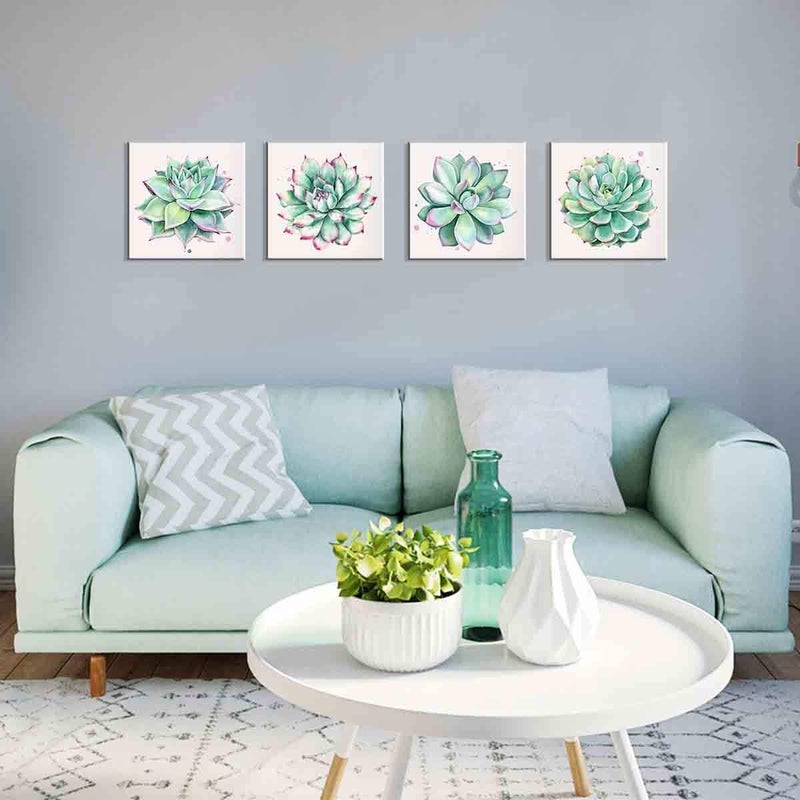 YOOOAHU Succulent Wall Decor for Bathroom Mint Green Cactus Wall Art for Living Room Kitchen Accessories Nature Plant Wall Decor Tropical Botanical Leaf Canvas Pictures Bedroom Home Decorations 12x12" 4 Pcs - Image 2