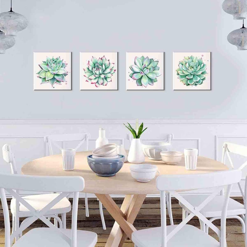 YOOOAHU Succulent Wall Decor for Bathroom Mint Green Cactus Wall Art for Living Room Kitchen Accessories Nature Plant Wall Decor Tropical Botanical Leaf Canvas Pictures Bedroom Home Decorations 12x12" 4 Pcs - Image 5