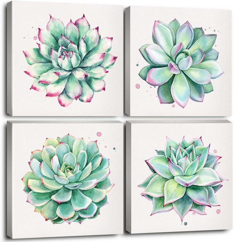 YOOOAHU Succulent Wall Decor for Bathroom Mint Green Cactus Wall Art for Living Room Kitchen Accessories Nature Plant Wall Decor Tropical Botanical Leaf Canvas Pictures Bedroom Home Decorations 12x12" 4 Pcs - Image 1