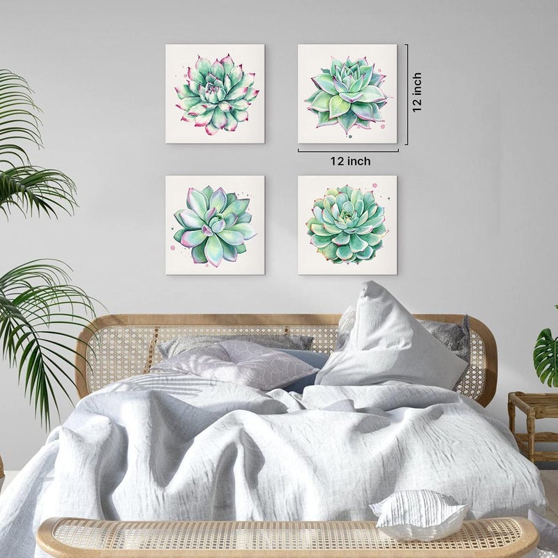 YOOOAHU Succulent Wall Decor for Bathroom Mint Green Cactus Wall Art for Living Room Kitchen Accessories Nature Plant Wall Decor Tropical Botanical Leaf Canvas Pictures Bedroom Home Decorations 12x12" 4 Pcs - Image 4