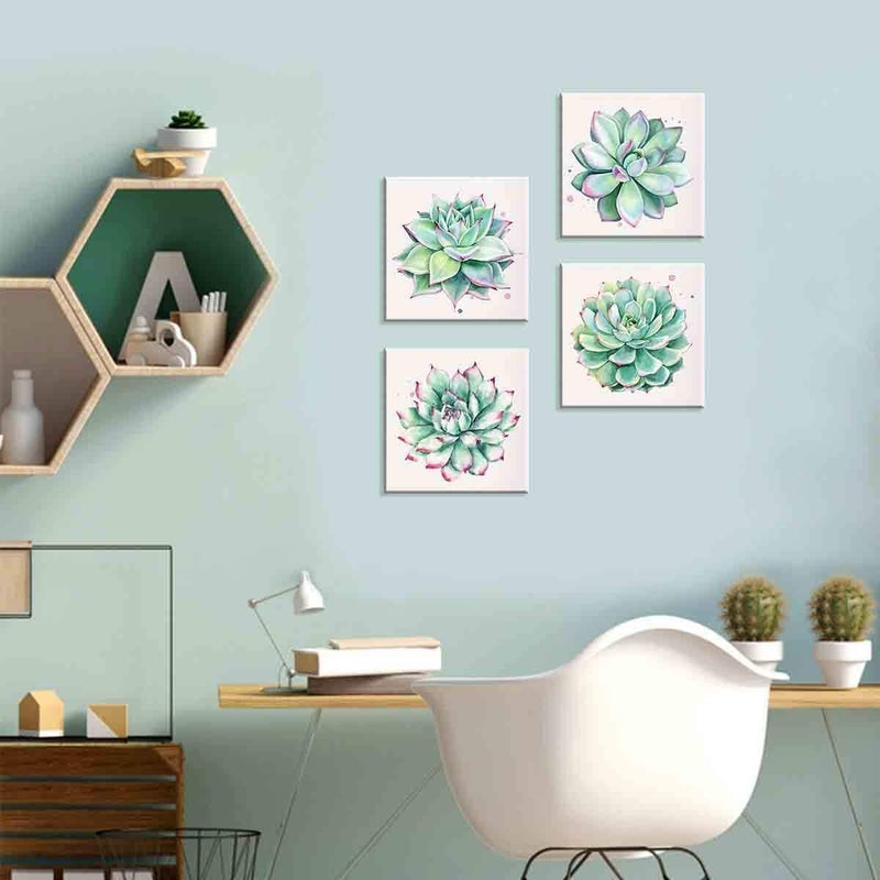YOOOAHU Succulent Wall Decor for Bathroom Mint Green Cactus Wall Art for Living Room Kitchen Accessories Nature Plant Wall Decor Tropical Botanical Leaf Canvas Pictures Bedroom Home Decorations 12x12" 4 Pcs - Image 3