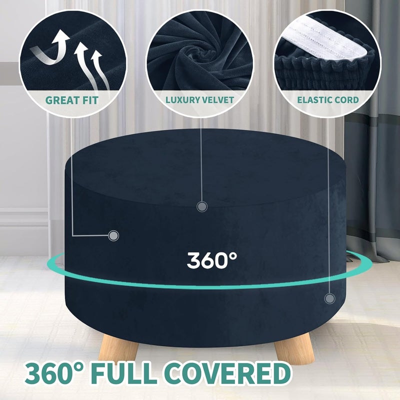 MAXIJIN Velvet Ottoman Cover - Round Slipcover Washable Foot Stool Cover Thick Storage Footrest Protector with Elastic Bottom (Large, Navy Blue) - Image 4
