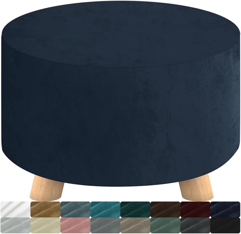 MAXIJIN Velvet Ottoman Cover - Round Slipcover Washable Foot Stool Cover Thick Storage Footrest Protector with Elastic Bottom (Large, Navy Blue) - Image 1
