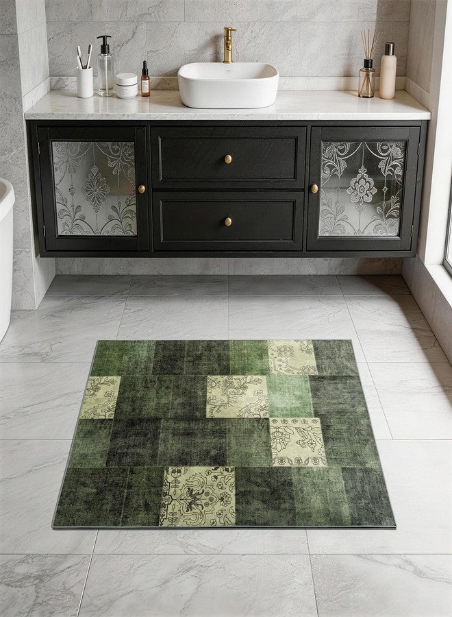 LIANLAM 2x3 Washable Entryway Rug,Non-Slip Indoor Door Mat with Vintage Boho Checkered Pattern, Stain & Water Resistant Faux Wool Low Pile for Front Door,Hall,Kitchen,Bathroom - Easy Clean(2x3,Green) - Image 3