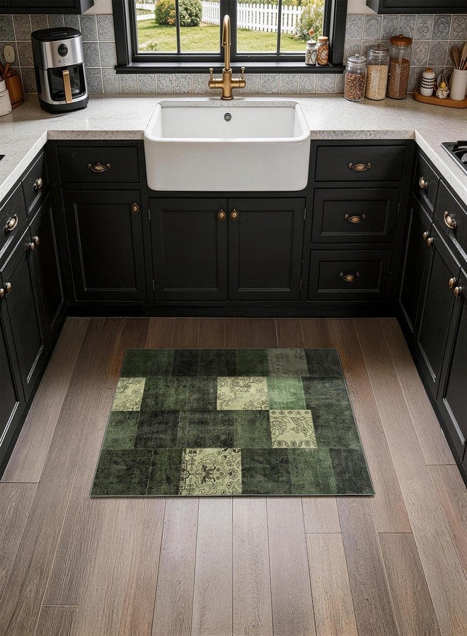 LIANLAM 2x3 Washable Entryway Rug,Non-Slip Indoor Door Mat with Vintage Boho Checkered Pattern, Stain & Water Resistant Faux Wool Low Pile for Front Door,Hall,Kitchen,Bathroom - Easy Clean(2x3,Green) - Image 4