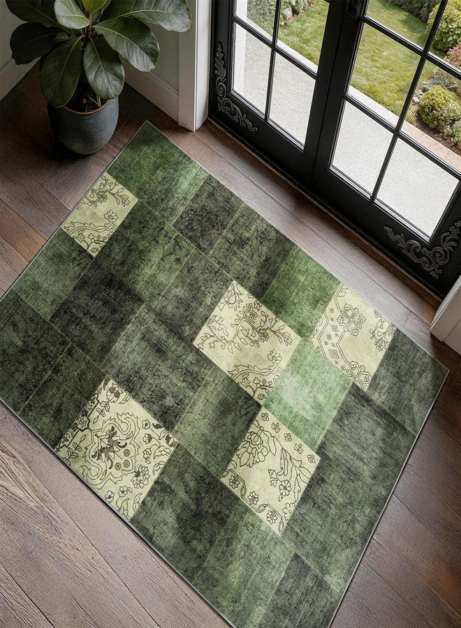 LIANLAM 2x3 Washable Entryway Rug,Non-Slip Indoor Door Mat with Vintage Boho Checkered Pattern, Stain & Water Resistant Faux Wool Low Pile for Front Door,Hall,Kitchen,Bathroom - Easy Clean(2x3,Green) - Image 1
