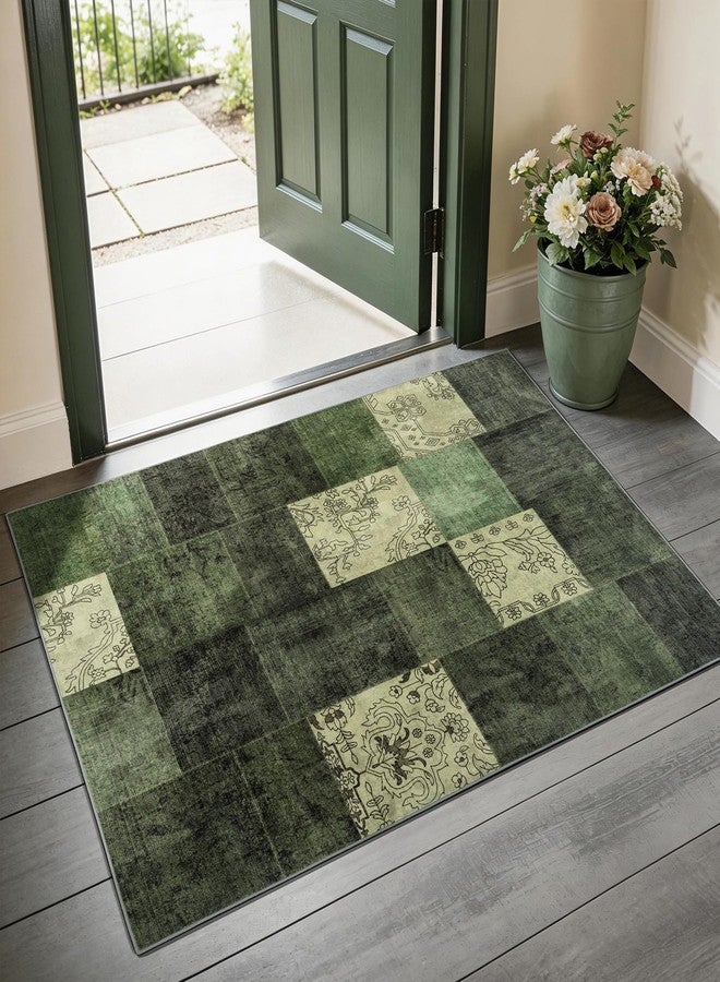 LIANLAM 2x3 Washable Entryway Rug,Non-Slip Indoor Door Mat with Vintage Boho Checkered Pattern, Stain & Water Resistant Faux Wool Low Pile for Front Door,Hall,Kitchen,Bathroom - Easy Clean(2x3,Green) - Image 2