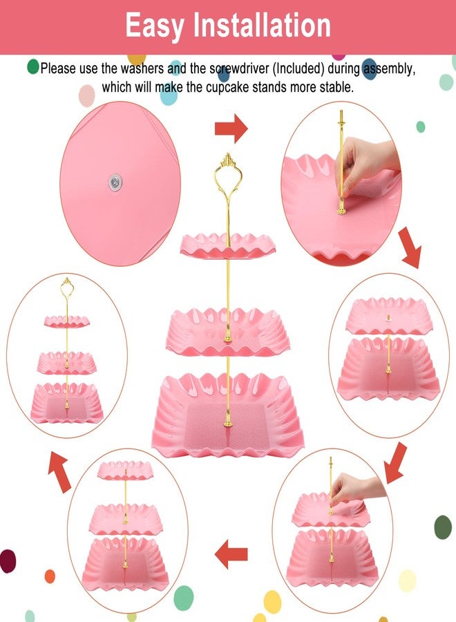 Coitak 8 Pieces Cupcake Stands Set, 2 PCS 3 Tier Cupcake Stands with 3 PCS Appetizer Trays, 3 PCS Serving Tongs, Pink Dessert Tower Tray for Tea Party - Image 5