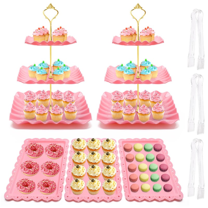 Coitak 8 Pieces Cupcake Stands Set, 2 PCS 3 Tier Cupcake Stands with 3 PCS Appetizer Trays, 3 PCS Serving Tongs, Pink Dessert Tower Tray for Tea Party - Image 1