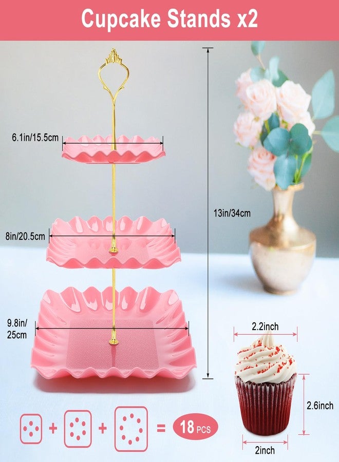 Coitak 8 Pieces Cupcake Stands Set, 2 PCS 3 Tier Cupcake Stands with 3 PCS Appetizer Trays, 3 PCS Serving Tongs, Pink Dessert Tower Tray for Tea Party - Image 2