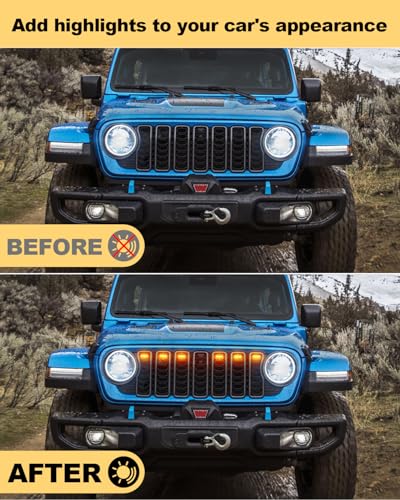 OKLSG Front Bumper LED Grill Lights for Jeep Wrangler JL Gladiator JT 2025 2024 Raptor Marker Lights Bars JL JT Exterior Accessories(Yellow) - Image 3