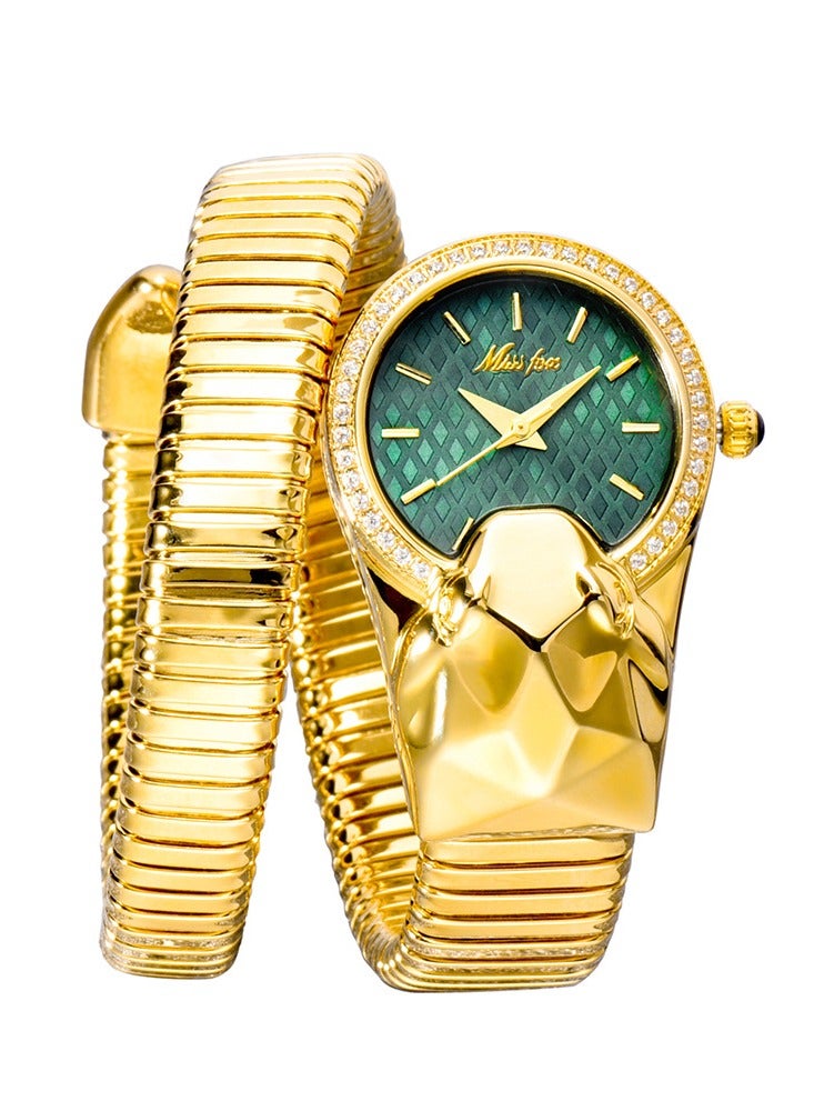 MISS FOX Luxury Inlaid Diamond Snake Shaped Fashion Brands MISSFOX Gold Wrapped Bracelet Quartz Women's Watch Waterproof High End Clock Lady Hot Gift - Image 2