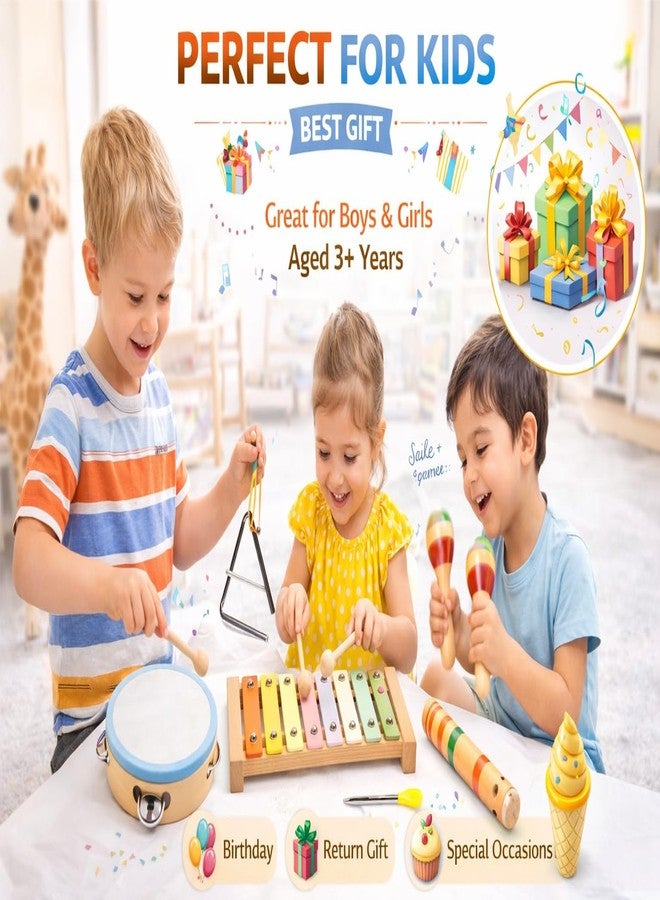 JOUET Kids Musical Instrument Set - Wooden Xylophone, Tambourine, Triangle & Maracas Toy Set, Early Learning Music Toy for Boys & Girls (3+ Years) - Image 5