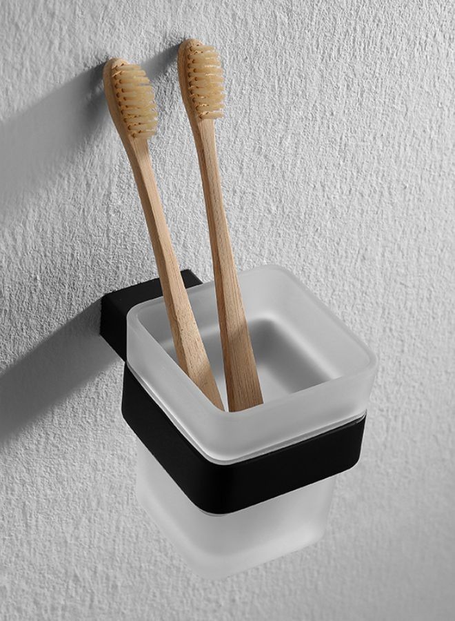 Black Single Toothbrush Glass Tumbler with Holder  - Image 1