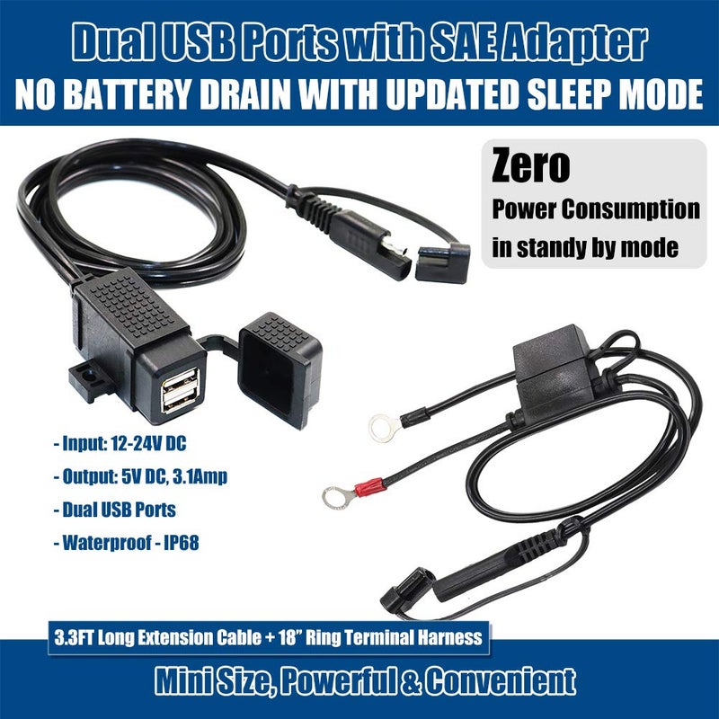 MOTOPOWER MP0609EA 3.1Amp Waterproof Motorcycle Dual USB Kit SAE to USB Adapter Cable with SAE Ring Terminal Cable Harness - Image 2