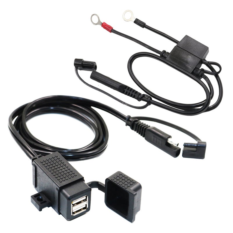 MOTOPOWER MP0609EA 3.1Amp Waterproof Motorcycle Dual USB Kit SAE to USB Adapter Cable with SAE Ring Terminal Cable Harness - Image 1