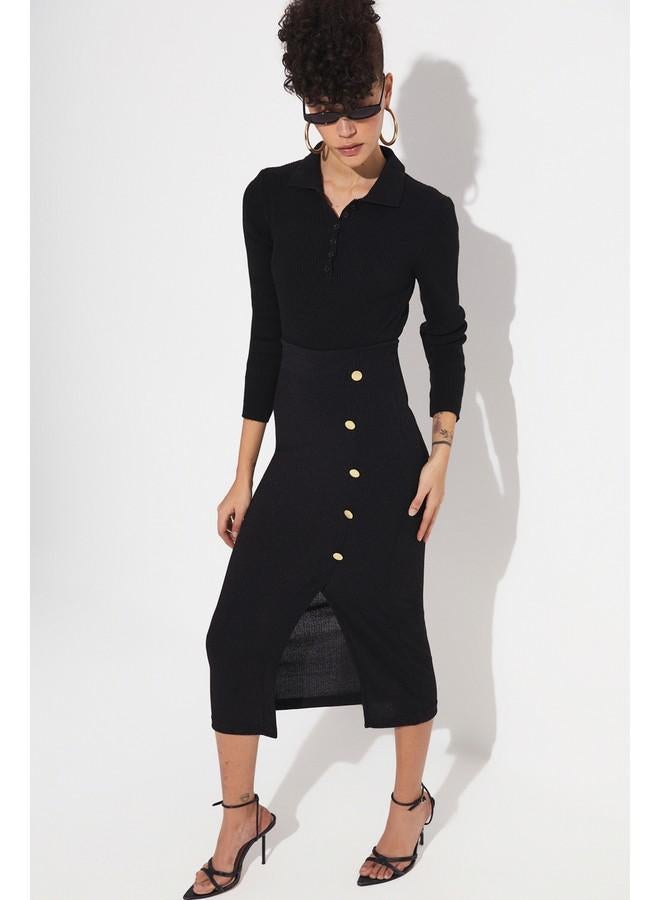JUNE Button Detailed Knitted Skirt Black - Image 1