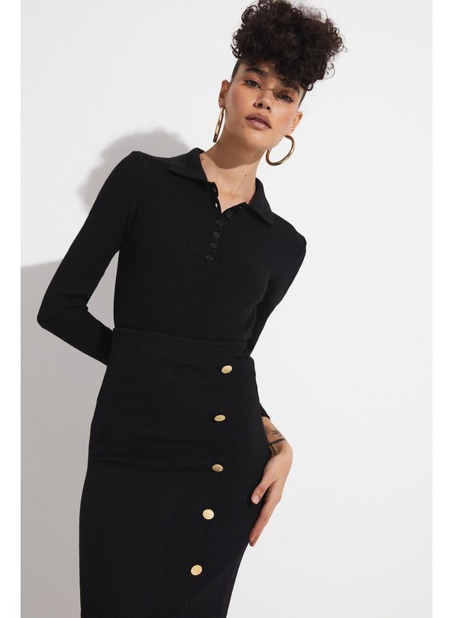 JUNE Button Detailed Knitted Skirt Black - Image 4