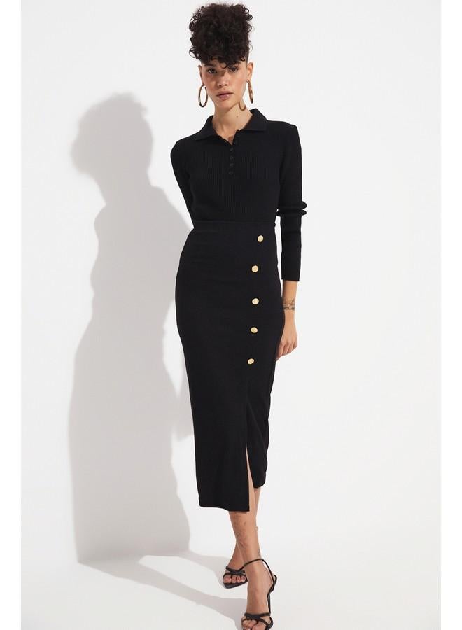 JUNE Button Detailed Knitted Skirt Black - Image 3