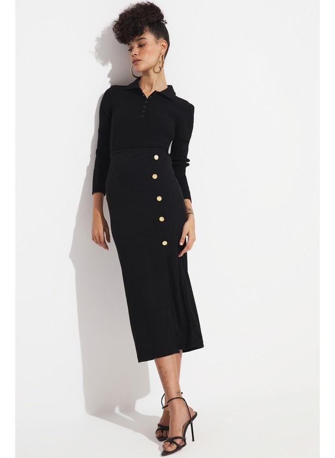 JUNE Button Detailed Knitted Skirt Black - Image 2